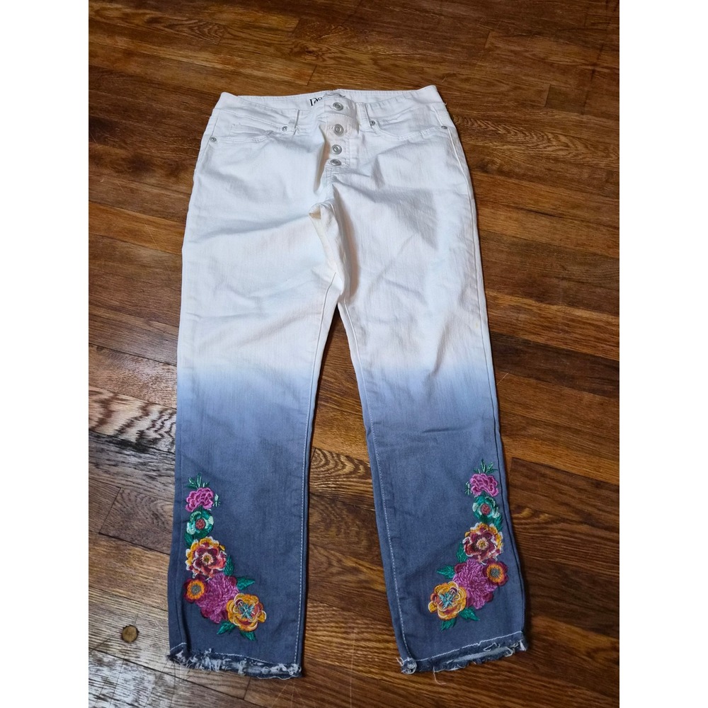 DG2 Diane Gilman Ombre Floral Embroidered Jeans White Blue Button Fly PM